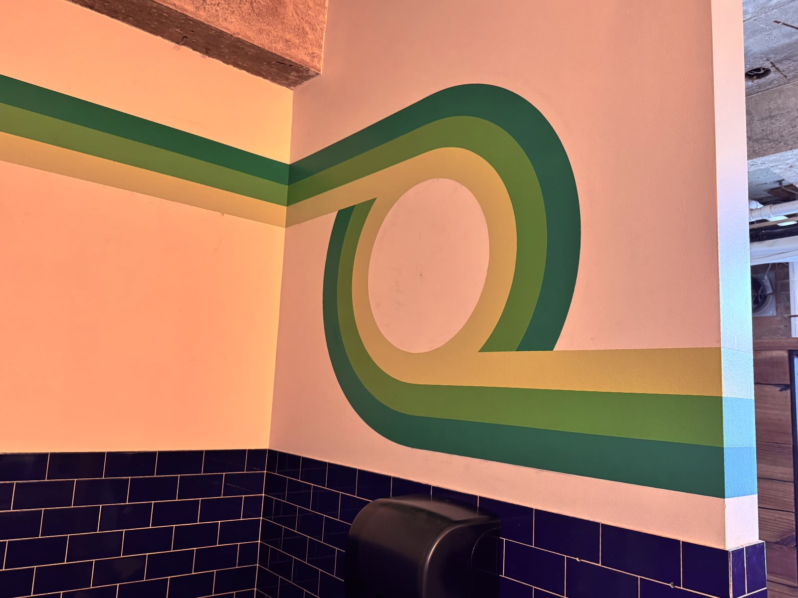 Three painted stripes wrapping the room, meeting at the entrance