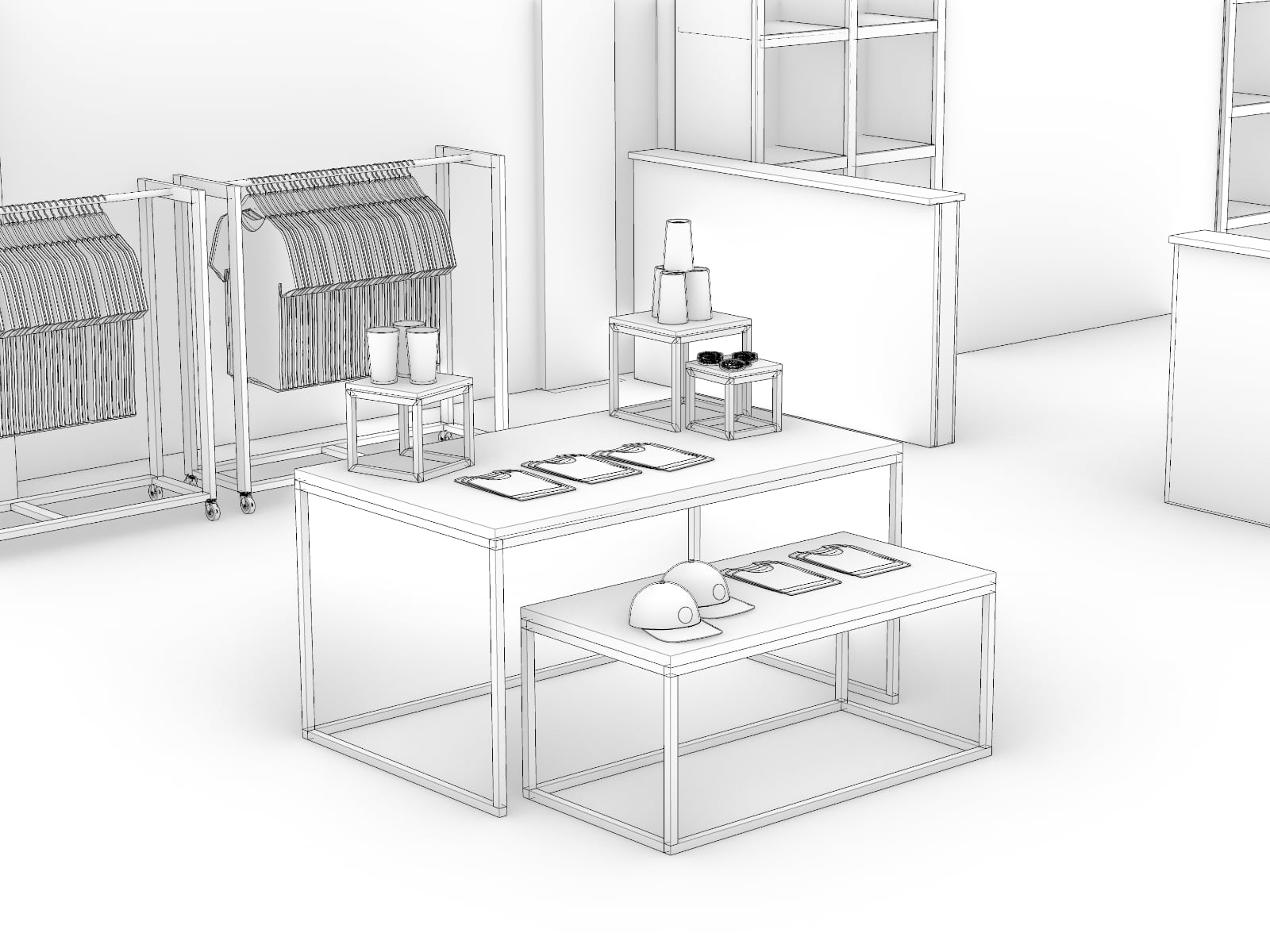 CAD render of the two large and three small nesting tables delivered to the merchandise store